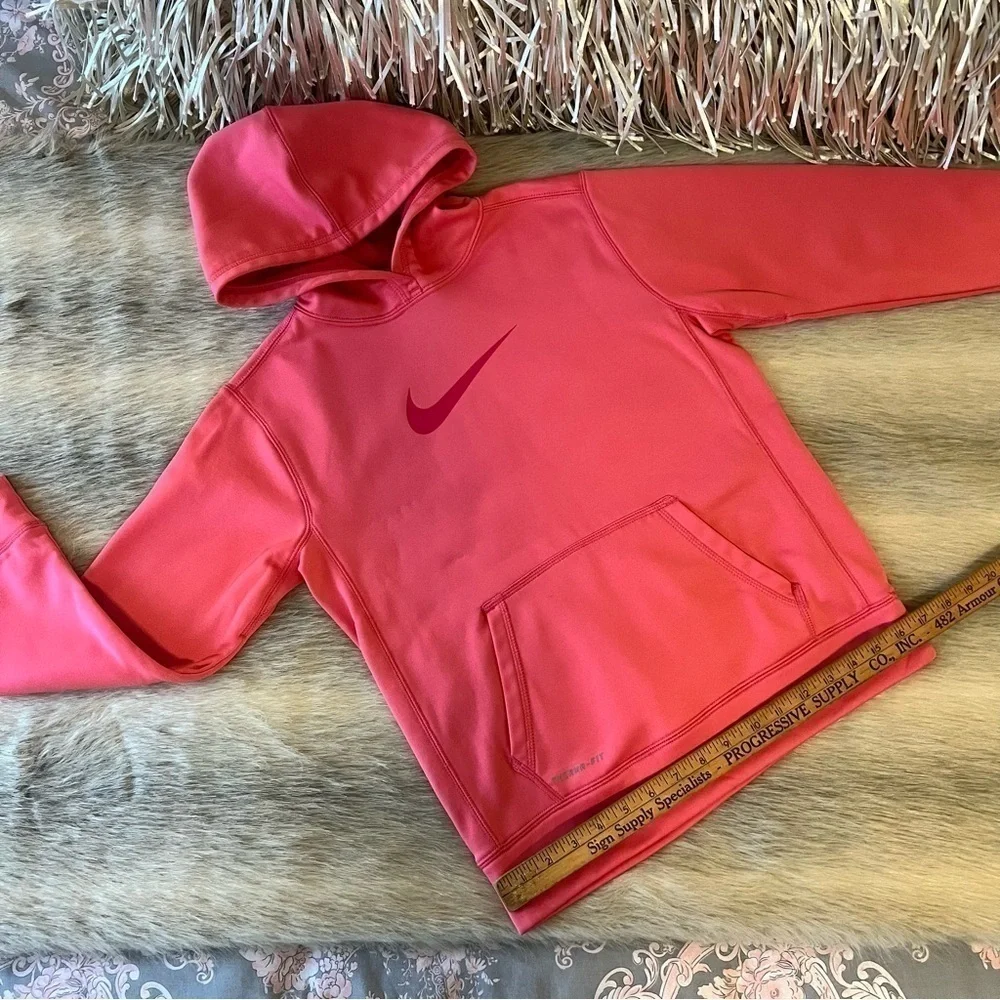 NIKE Hoodie Pink Swoosh Long Sleeve THERMA FIT Comfy L Fleece Lined